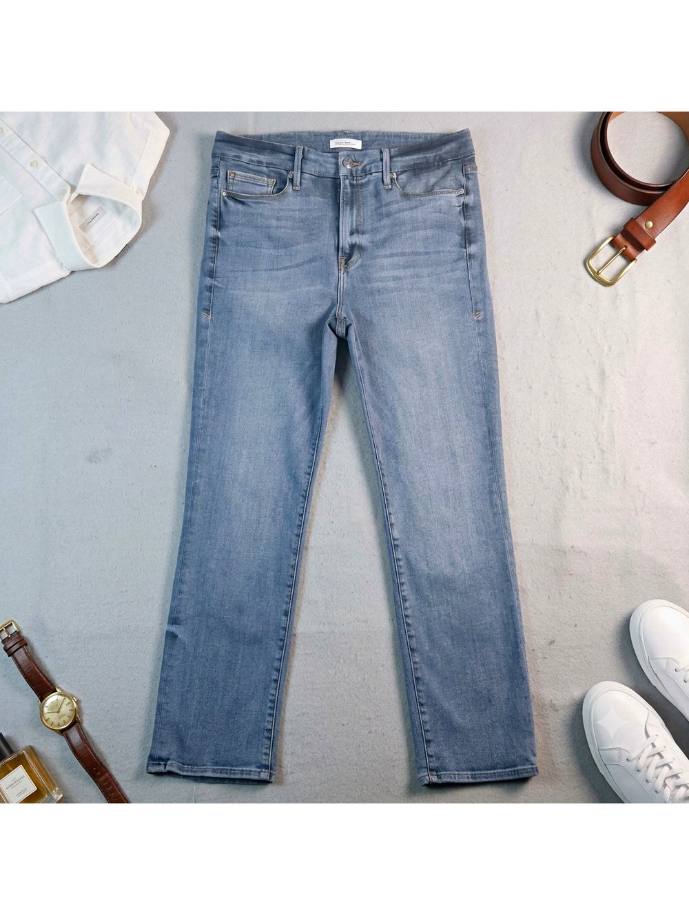 Good American Straight Light Wash Blue Denim Jeans Slim Fit Stretch Mid Rise 12